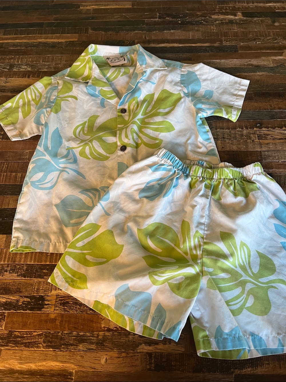 Kids Vintage Hawaiian Two-Piece Tropical Short Set in Green & Light Blue